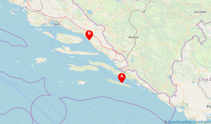 Map of ferry route between Sobra (Mljet) and Makarska